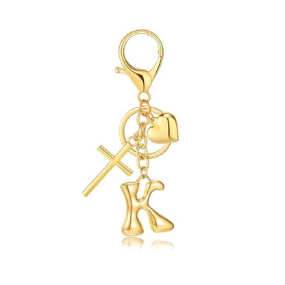 Initial Bag Charms Keychains Women, Cross Cute Heart Letter Key Chain Purse Backpack Handbags Keychain Christian Gift - color: Gold K