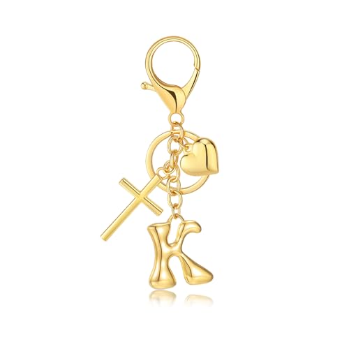 Initial Bag Charms Keychains Women, Cross Cute Heart Letter Key Chain Purse Backpack Handbags Keychain Christian Gift - color: Gold K