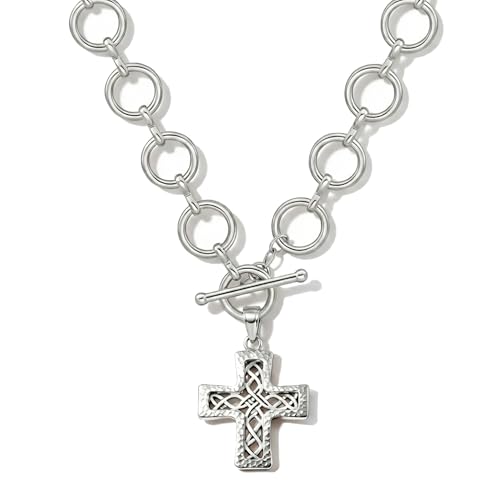Chunky Cross Necklace for Women, 925 Sterling Silver Pendant with Copper Chunky Chain, Non Tarnish Statement Necklace for Daily Wear, Gift - color: Silver-05