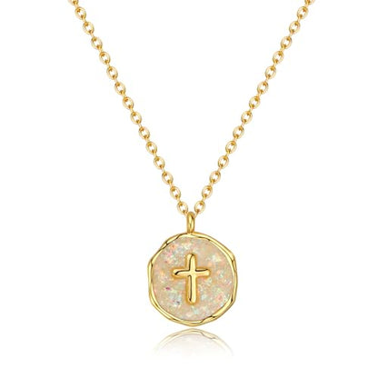 Gold Enamel Mini Cross Necklace Tiny Mother of Pearl Cross Necklace Religious Christian Gift for Baptism First Communion Christmas - color: Medium Opal cross(13mm)-white