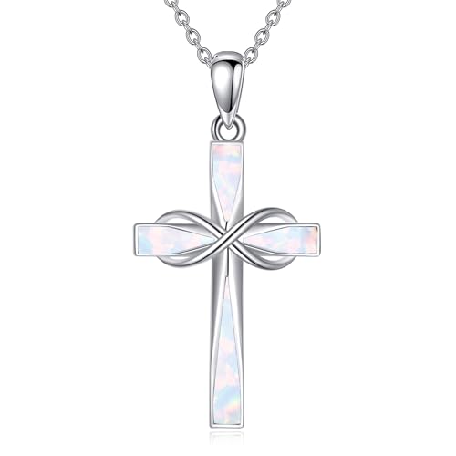 ONEFINITY Cross Necklace 925 Sterling Silver Cross Pendant Religious Jewelry Gifts - style: white opal