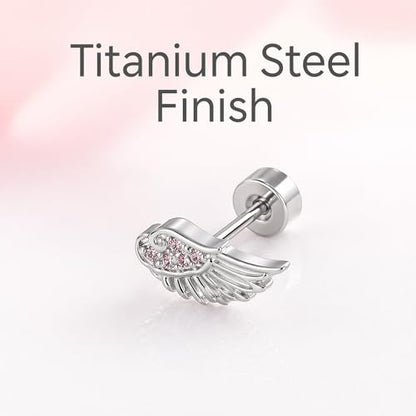 Angel Wing Stud Earrings for Women Silver Plated ﻿ - color: pink