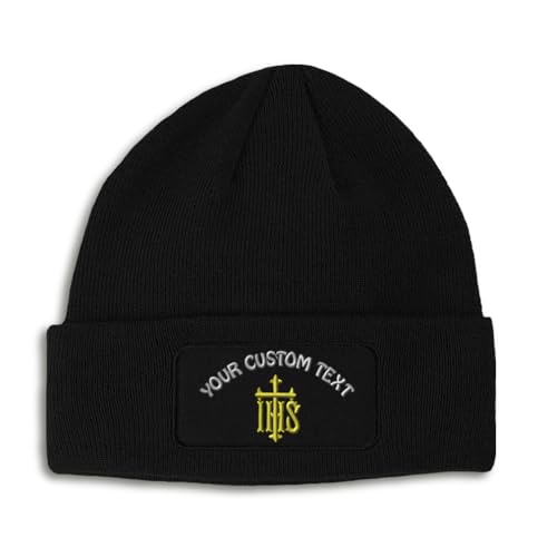 Custom Patch Beanie Ihs Cross Jesus Christ Religious Christian Faith Skull Cap Hats for Men & Women Acrylic - color: Black Personalized Text Here