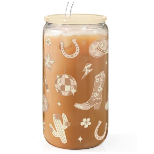 SANDJEST Western Cowgirl 16oz Can Glass Tumbler with Acrylic Lid & Straw, Iced Coffee Cup for Women, Aesthetic Cups Gifts for Birthday Christmas - color: Cowgirl 1