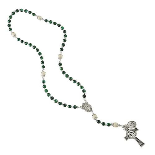 Needzo Celtic Rosary Beads for Women, Green Glass Prayer Bead Strand with Silver Tone Miraculous Medal Centerpiece and Crucifix, Catholic Keepsake Gift