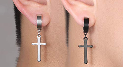 Non-pierced Earrings Set for Men Women Cross Titanium Steel Hoop Dangle Clip On Earring - style: blue