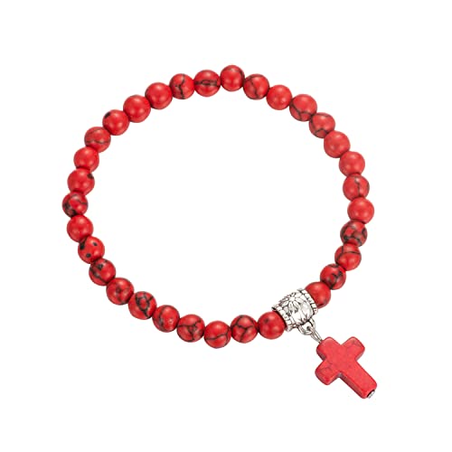Softones 6mm Bead Cross Pendant Bracelet for Women Healing Stone Stretch Prayer Bracelet for Women,with Gift Box - color: Red Turquoise