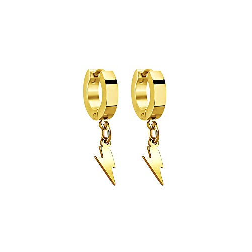 Unisex Punk Hip Hop Stainless Steel Silver Black Gold Tone Lock Thunder Lightning Bolt Dangle Huggie Hoop Earrings Gift for Women Men Boy Teens - color: Gold