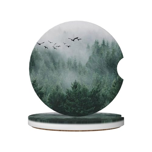 Forest Tree Car Coasters for Cup Holder Absorbent Ceramic Cup Coaster 2 Pack Anti Slip Car Interior Accessories with Finger Notch Cork Base for Women Men 2.56" - color: Forest Tree