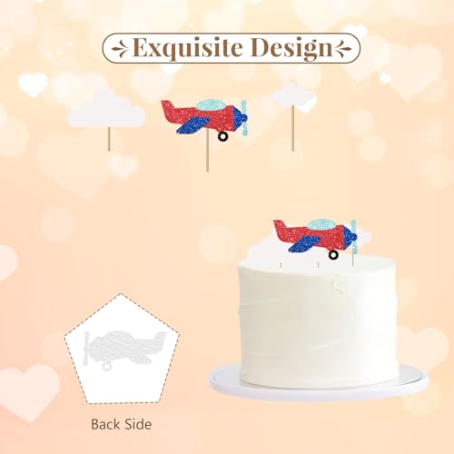 Airplane Cake Topper, Airplane Birthday Cake Decor, Red Glitter How Time Files Cake Topper for Kids, Plane Travel Themed Birthday/Baby Shower Party Decoration - style: Airplane
