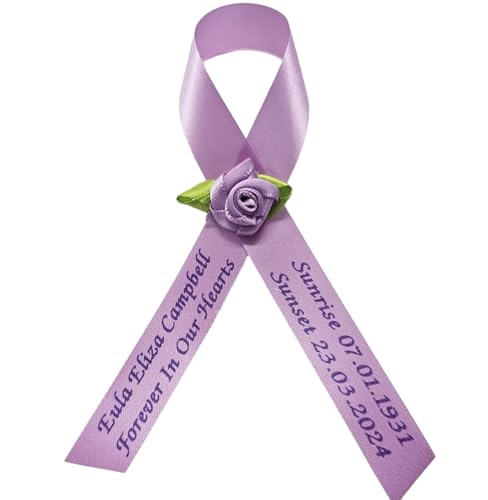 Personalized Memorial Service Funeral Ribbon Pins 20 Cross Religious Celebration of Life Custom Made Awareness Remembrance Anniversary Death Cross Sympathy Name Angel - color: Lavender