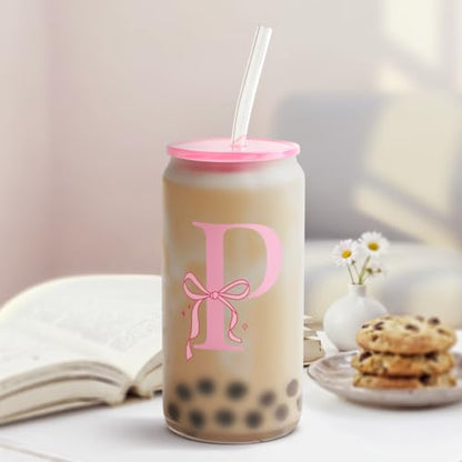 SANDJEST Monogrammed Glass Drinking Can Cup with Acrylic Lid and Straw, Personalized Frosted Iced Coffee Tumbler 16oz, Monogram Initial Gifts for Women Girls on Birthday (P) - color: P