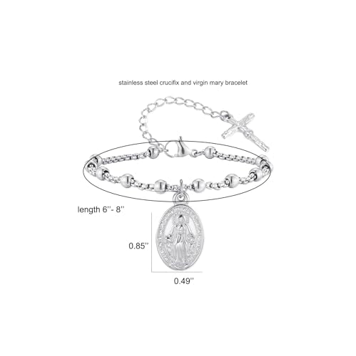 Rnivida 14K Gold Plated Stainless Steel Catholic Rosary Bracelet for Women,Religious Gift for Confirmation Baptism First Communion Easter - color: Silver 01