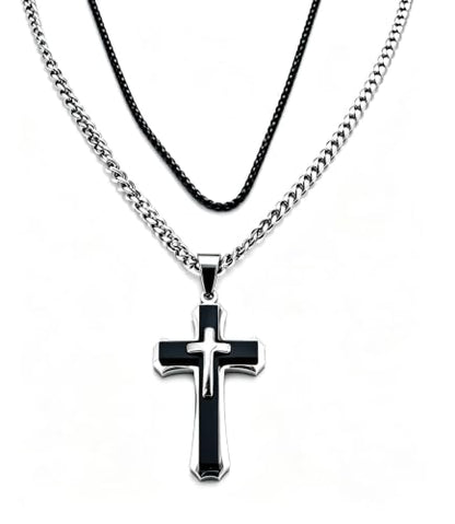 Men's Layered Cross Pendant Necklace, 2.1x1.2 inch Religious Charm, 21.6" 5mm Stainless Steel Cuban Chain, 18K Gold & Black Plated, Bonus 23.6" Square Pearl Chain, Marble Gift Box for Dad - color: Silver & Black