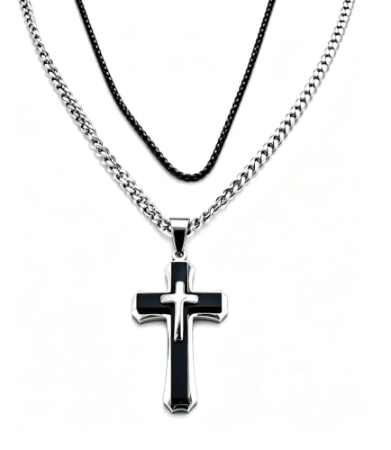 Men's Layered Cross Pendant Necklace, 2.1x1.2 inch Religious Charm, 21.6" 5mm Stainless Steel Cuban Chain, 18K Gold & Black Plated, Bonus 23.6" Square Pearl Chain, Marble Gift Box for Dad - color: Silver & Black