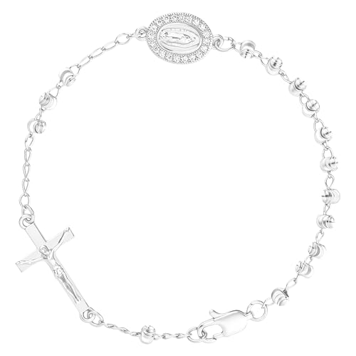 Rosary Cross Bracelet for Women, Virgin Mary Gold Silver Rose Gold 4mm Rosary Beads Catholic Bracelet - color: Silver