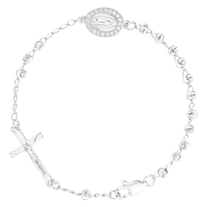 Rosary Cross Bracelet for Women, Virgin Mary Gold Silver Rose Gold 4mm Rosary Beads Catholic Bracelet - color: Silver