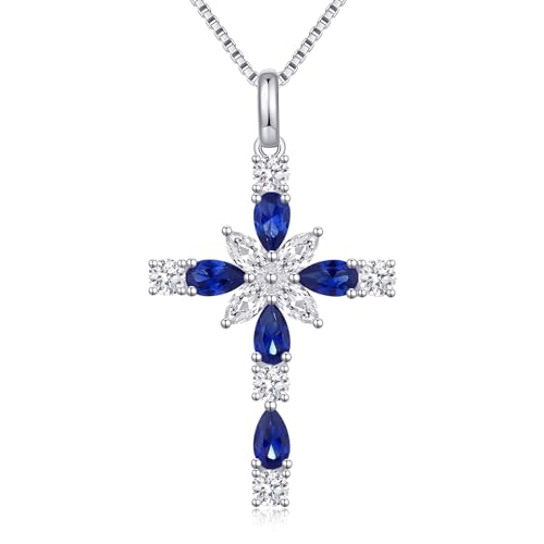 925 Sterling Silver Cross Necklace for Women，Birthday Delicate Star Cross Necklace Jewelry Gifts for Women，Birthstone Religious Jewelry for Mom, Chain 18 inch - color: I. 9. Blue-September-Sapphire