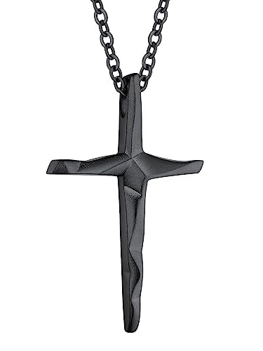 ChainsHouse Cross Necklace for Men, Black/18K Gold Plated/Stainless Steel Christian Jewelry Cross Pendant Necklace for Men, with Gift Box - color: e: Irregular Cross-Black