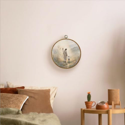 LERJZEFUH Jesus and Lamb Christian Round Wall Art Framed 10x10 Inch - color: God