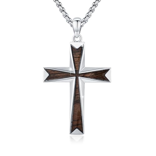 Cross Necklace for Men 925 Sterling Silver Cross Ebony Wooden Ankh Raven Praying Hands Crucifix Amulet Religious Jewelry Gifts for Men Women - color: Cross6