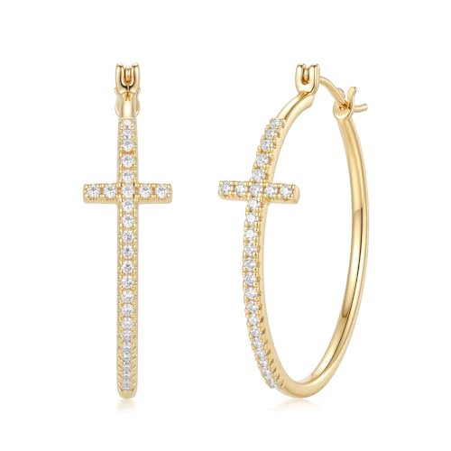 Gold Cross Earrings for Women 14K Gold Hoop Earrings Shining Trendy with Cubic Zirconia Mix of Style and Personality Large CZ Hoops Earring 30/35/40mm - size: 35mm