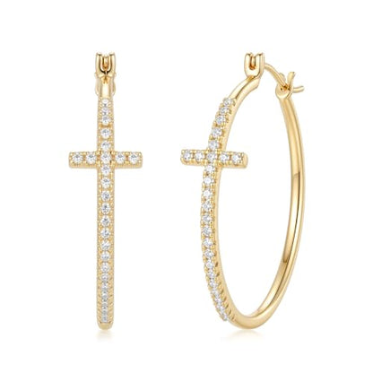 Gold Cross Earrings for Women 14K Gold Hoop Earrings Shining Trendy with Cubic Zirconia Mix of Style and Personality Large CZ Hoops Earring 30/35/40mm - size: 35mm
