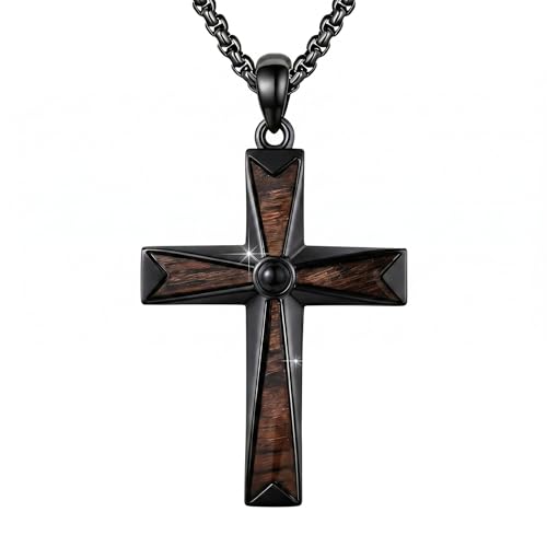 Cross Necklace for Men 925 Sterling Silver Cross Ebony Wooden Ankh Raven Praying Hands Crucifix Amulet Religious Jewelry Gifts for Men Women - color: Cross16