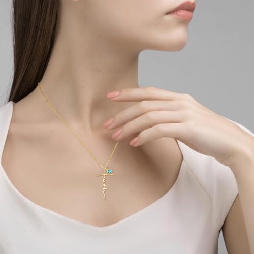 PRAYMOS Faith Cross Necklace for Women 925 Sterling Silver Pendant Necklace With Birthstone Initial Christian Religious Confirmation Baptism Mothers Day Gifts - color: 3-18K Gold Plated December(Blue Topaz)