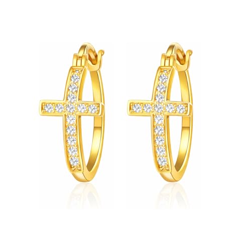 Cross Hoop Earrings for Women by Ginger Lyne – 20 or 30mm 14KT Gold Plated with Clear Cubic Zirconia – Jesus Religious Christian Jewelry for Church or All Occasion Wear - color: Gold Tone-20mm