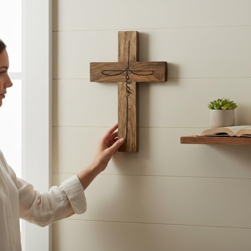 Handmade Mango Wood Cross Wall Decor 12x18 Inch Natural Finish with Faith Laser Burnt Design Rustic Wooden Christian Cross for Farmhouse Wall Hanging Religious Home Church