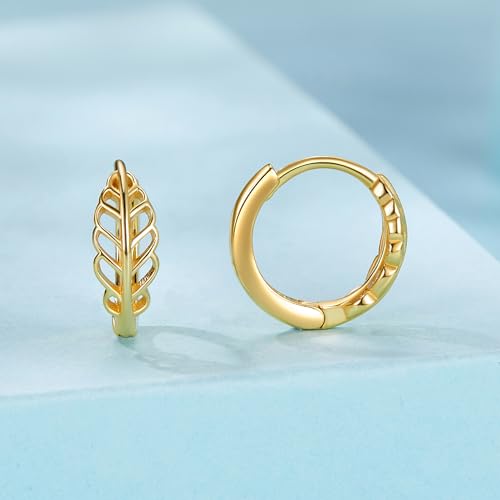 Turquoise Cross Hoop Earrings for Women 14K Gold Plated Infinity Angel Feather Pearl Turquoise Cross Star Hypoallergenic Post Christan Everyday Huggie Jewelry Gift - color: Gold Leaf