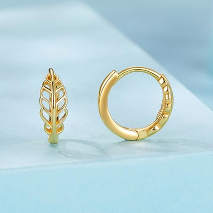 Turquoise Cross Hoop Earrings for Women 14K Gold Plated Infinity Angel Feather Pearl Turquoise Cross Star Hypoallergenic Post Christan Everyday Huggie Jewelry Gift - color: Gold Leaf