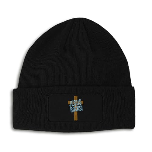 Custom Patch Beanie Jesus Rocks Brown Cross Christ Christian Skull Cap Hats for Men & Women One Size - color: Black Design Only