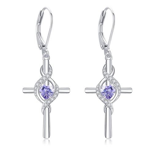 ONEFINITY Cross Earrings for Women 925 Sterling Silver Cross Birthstone Dangle Drop Earrings Infinity Cross Religious Jewelry Gifts for Women - color: 06-Jun-Created Alexandrite