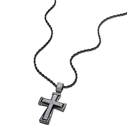COOLSTEELANDBEYOND Mens Womens EXTRA LARGE Steel Cross Pendant Necklace with Cubic Zirconia and Wheat Chain - color: C-Metal Color: Black