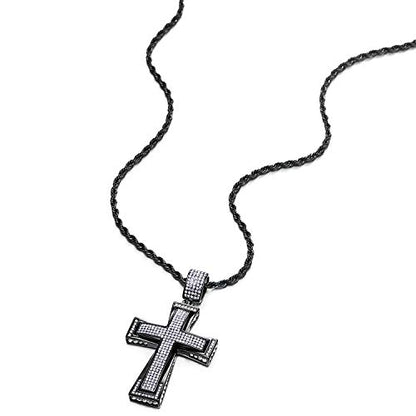 COOLSTEELANDBEYOND Mens Womens EXTRA LARGE Steel Cross Pendant Necklace with Cubic Zirconia and Wheat Chain - color: C-Metal Color: Black
