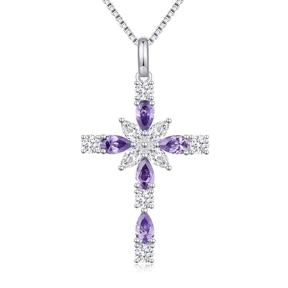 925 Sterling Silver Cross Necklace for Women，Birthday Delicate Star Cross Necklace Jewelry Gifts for Women，Birthstone Religious Jewelry for Mom, Chain 18 inch - color: F. 6. Light Purple-June