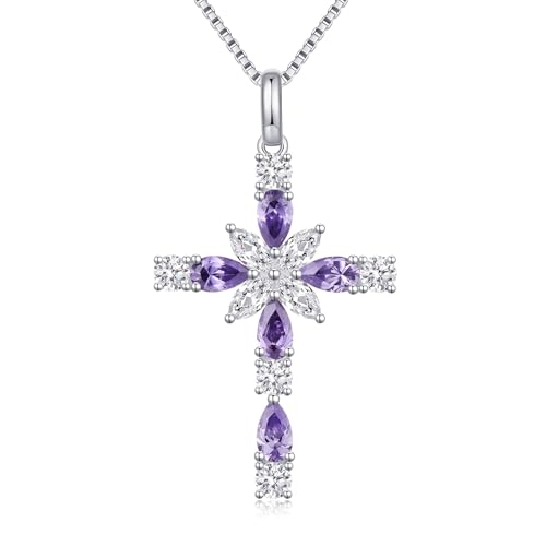 925 Sterling Silver Cross Necklace for Women，Birthday Delicate Star Cross Necklace Jewelry Gifts for Women，Birthstone Religious Jewelry for Mom, Chain 18 inch - color: F. 6. Light Purple-June