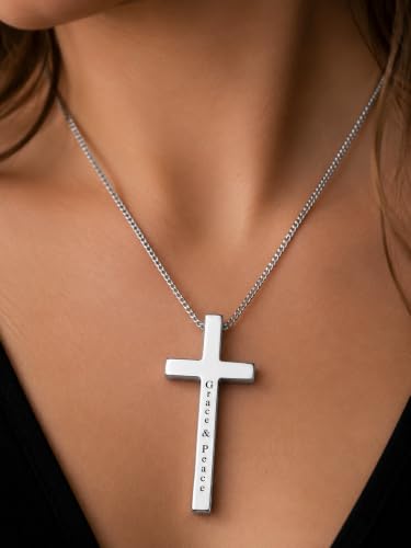 Engraved Cross Necklace for Men, Women & Boys & Girls Cross Necklace, Stainless Steel Cross Pendant Necklace, Faith & Inspiration Christian Jewelry Gift - color: Grace & Peace