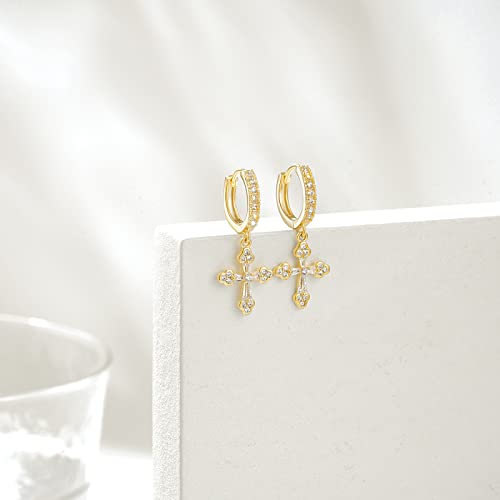 KissYan 14K Gold Plated Huggie Earrings for Women, S925 Sterling Silver Small CZ Cross Hoop Dangle Drop Earrings, Hypoallergenic Dainty Handmade Jewelry - style: Cross