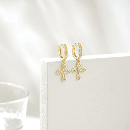 KissYan 14K Gold Plated Huggie Earrings for Women, S925 Sterling Silver Small CZ Cross Hoop Dangle Drop Earrings, Hypoallergenic Dainty Handmade Jewelry - style: Cross
