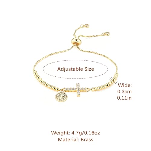 HZMAN 14K Gold Plated Cross Bracelet for Women, Brass Adjustable Bolo Bracelet with CZ, Religious Saint Benedict/Virgin Mary/Jude Pendant Jewelry Gift - color: Saint Benedict
