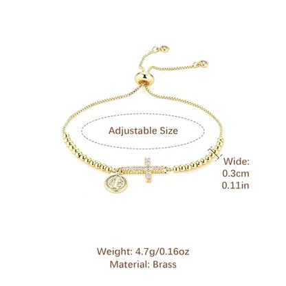 HZMAN 14K Gold Plated Cross Bracelet for Women, Brass Adjustable Bolo Bracelet with CZ, Religious Saint Benedict/Virgin Mary/Jude Pendant Jewelry Gift - color: Saint Benedict