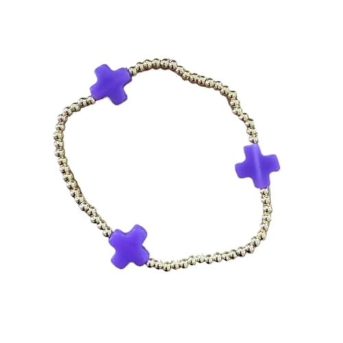 Colorful Cross Charm Bracelets for Women Men Adjustable Gold Plated Beaded Bracelet Boho Bead Ball Stretch Bracelet Birthday Summer Beach Jewelry - color: Purple