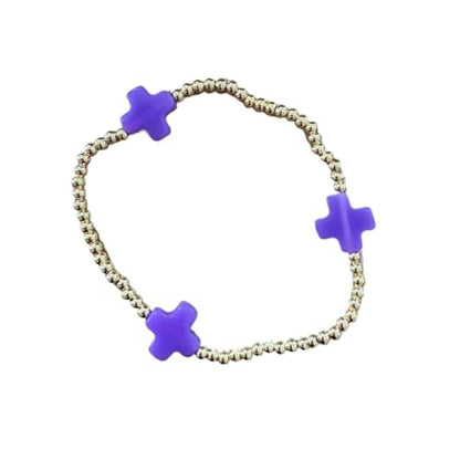 Colorful Cross Charm Bracelets for Women Men Adjustable Gold Plated Beaded Bracelet Boho Bead Ball Stretch Bracelet Birthday Summer Beach Jewelry - color: Purple