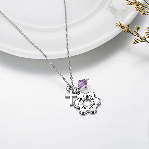 AOBOCO 925 Sterling Silver I Am a Child of God Daisy Necklace Jewelry Birthday Birthday Baptism Communion Gifts for Girls - color: Light purple