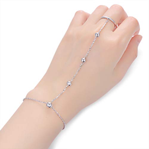S925 Sterling Silver Finger Ring Bracelet Hand Adjustable Chain for Women - style: Beads