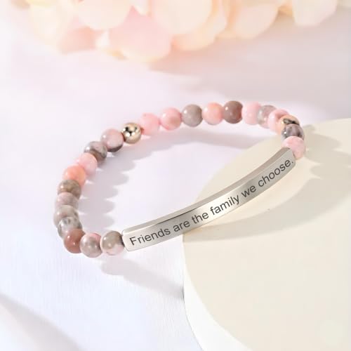 Inspirational Bracelets for Women,18K Gold Plated Christian Bible Verse Faith Jewelry, Religious Jesus Prayer Gift for Mom, Sister, Friend - color: Friends are the family we choose.-Pink Zebra Jasper-Silver