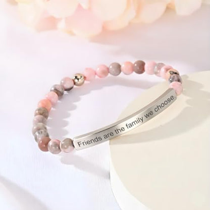 Inspirational Bracelets for Women,18K Gold Plated Christian Bible Verse Faith Jewelry, Religious Jesus Prayer Gift for Mom, Sister, Friend - color: Friends are the family we choose.-Pink Zebra Jasper-Silver